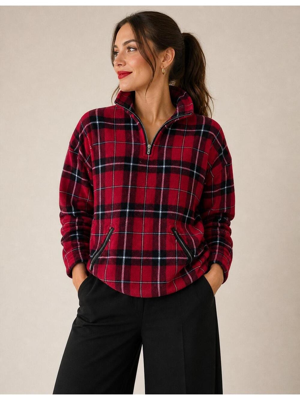 Jones New York 1/4 Zip Pullover Red Plaid Cozy Warm Sweatshirt USA Cabin Core